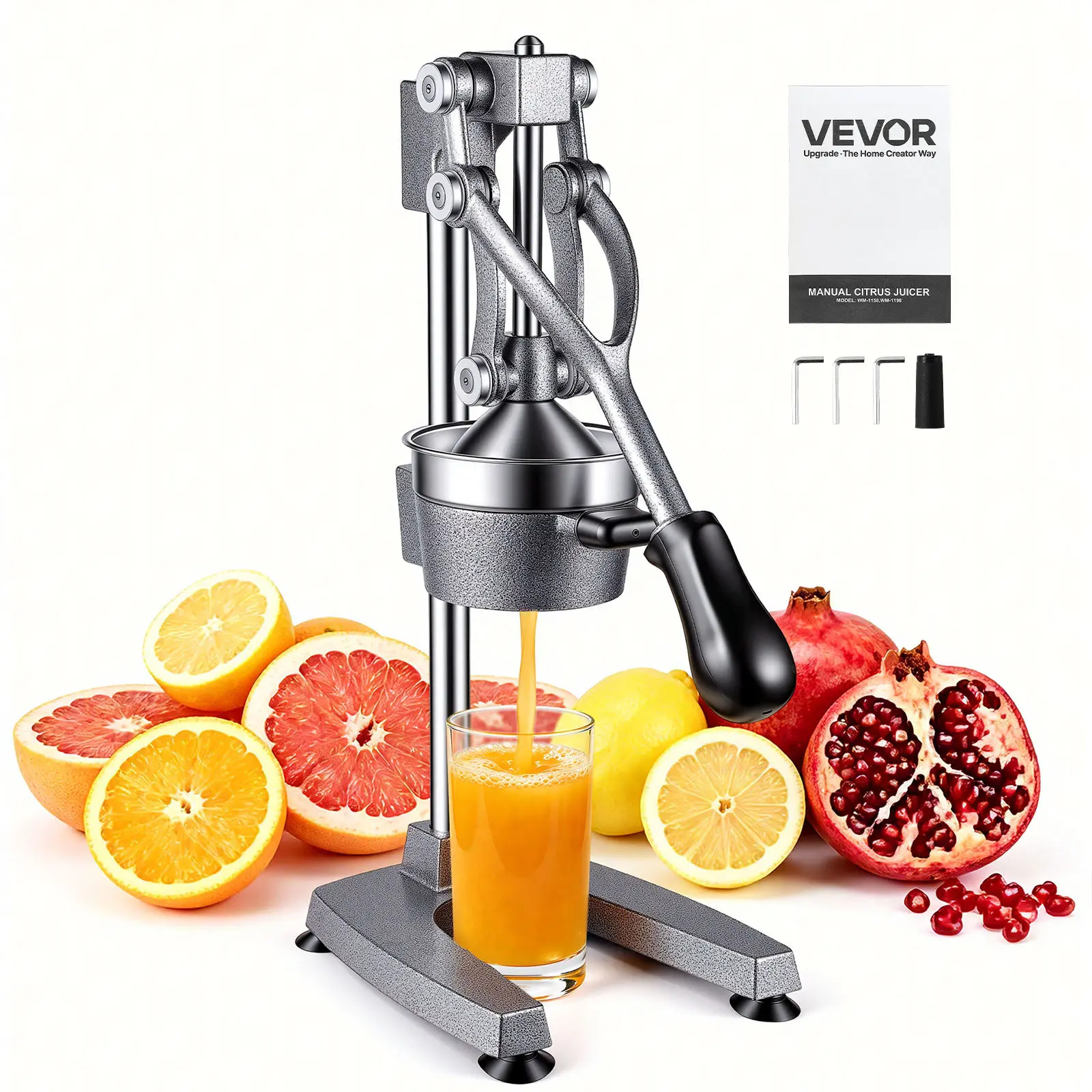 VEVOR Manual Citrus Juicer, 19" Tall Hand Press Orange Juicer, Manual Fresh Juice Extractor for Lemon Pomegranate Grapefruit, Heavy-Duty Cast Iron, Easy to Clean, Home & Commercial Use, Silver Gray