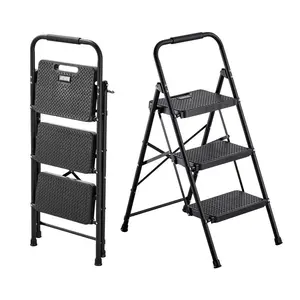 VEVOR 3 Step Ladder, Folding Step Stool with Wide Anti - Slip Pedal and Comfort Handgrip, Lightweight 600 lbs Capacity Portable Steel Ladder, Multi - Use for Kitchen, Home, Household and Office, Black