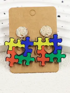 Multicolor Puzzle Pieces, Autism Awareness Classic Colors, Elegant Alloy Earrings, Women's Acrylic Hoop Earrings, Double-Sided Heart Cutout