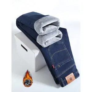 Men's Thickened Winter Fleece Jeans, Loose Straight Leg High Waist Casual Elastic Pants, Warm Long Denim Trousers for Fall & Winter??Gift??