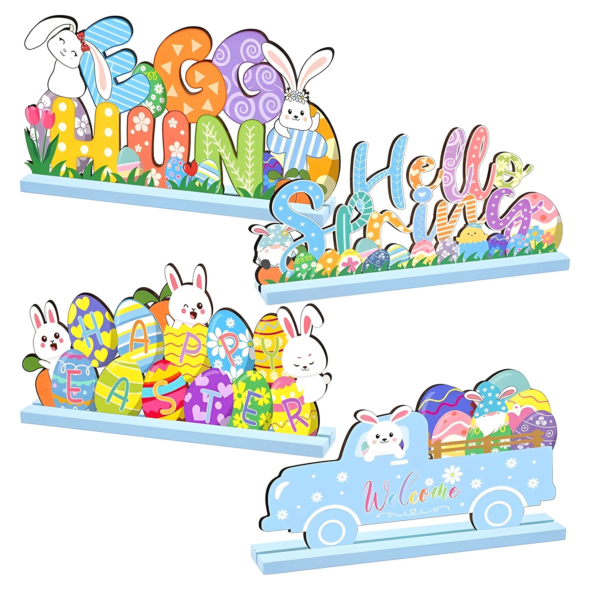 Easter Wooden Table Signs Set, Vibrant Rabbit & Egg Design, Easter Sunday Text, Spring Desktop Decor, Perfect for Dinners & Celebrations