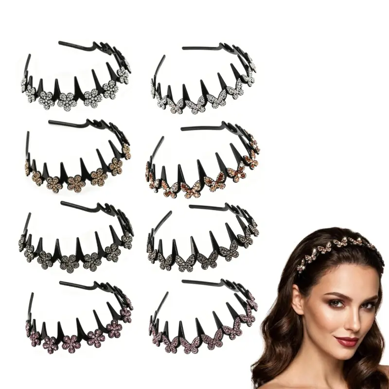 8 pieces of women's rhinestone wave headband, with two shapes of flowers and butterflies, featuring a toothed design for anti slip stability, elegant and fashionable hair accessories, suitable for daily wear, dates or parties
