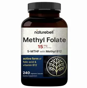 Methyl Folate 15mg - 240 Capsules - 5-MTHF with Methyl B12-15mg L-Methylfolate & 1,000mcg Vitamin B12 - Energy & Cognitive Support Supplement* - Gluten-Free & Non-GMO
