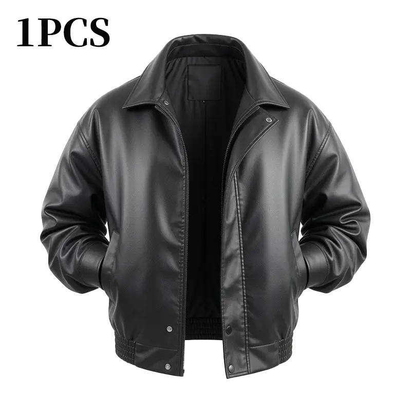 Men’s classic fall/winter jacket with a turn-down collar, faux leather aviator design, zipper closure, windproof, retro biker casual outerwear with an elastic waistband for street style.