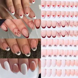96pcs Short Oval Heart Bow False Nails Set, Removable Press-On Acrylic Nails, Y2K Style, Perfect for Women, Valentine's Day, Fall Winter