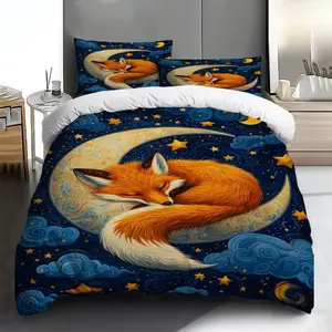Three-piece bedding set - 2pcs/3pcs 2D Flat Orange and white fox moon pattern duvet cover set (1 duvet cover + 1/2 pillowcases, no insert), multi-color printed bedding set, soft and comfortable, suitable for family bedrooms and guest rooms.