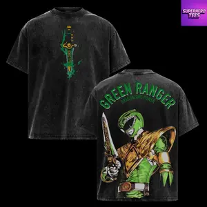 Green Ranger Power Rangers Edition Double Printed Oversize Lightweight Acid Washed Tee TV Series Graphic Design Top Cotton Streetwear Movie T-Shirt Clothes Menswear Womenswear Apparel Classic Seamless
