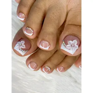 24Pcs Short Square White Toe Nails, 3D Flower Gradient Flash Rhinestone Nail Art Decorations Suit, Includes 1 Nail File & 1 Gel, Suitable For Women In Daily Life And Gatherings, Wedding Press On Nails Nail Supplies Nails