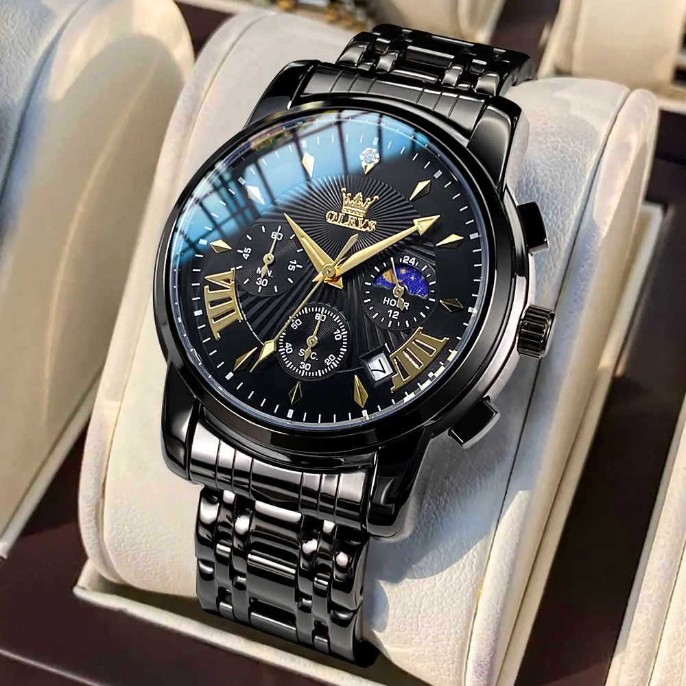 OLEVS Men's Sporty Waterproof Quartz Watch, Quartz Analog Wristwatch, Moon Phase Fashionable Luminous Watch with Calendar Chronograph Display for Party, Daily Clothing Decor, Trendy All-match & Exquisite Watch for Gift with Watch Box 2892
