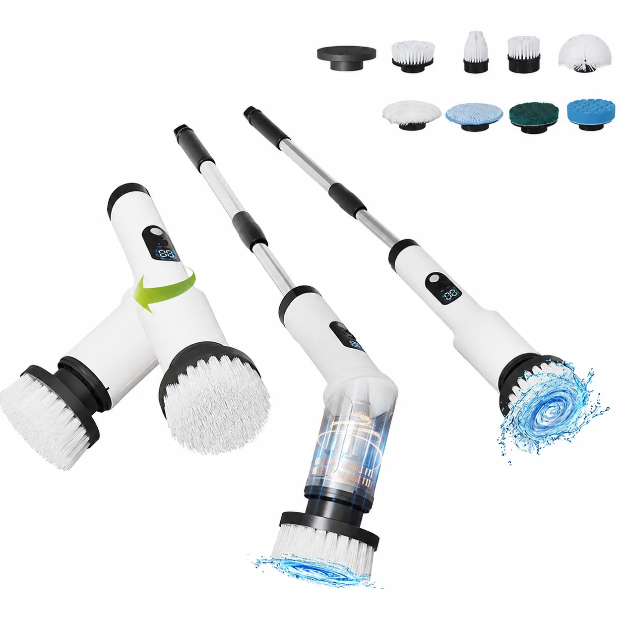 Cordless Electric Spin  with Digital Display, Adjustable Handle, 8 Replaceable Brush Heads, Multi-Functional Household Cleaning Tool for Bathroom, Kitchen,  Essentials