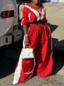 women's colorblock zip up crop jacket & drawstring waist pants two-piece set, casual fashion drop shoulder pocket long sleeve top & trousers for daily outdoor wear, women's clothing for fall & winter