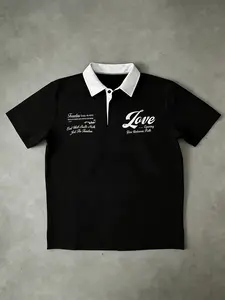 "Love & Fearless" Vintage Script Polo - Black, Romantic Vibe  Script Font & Slogan Print, Pique Cotton, Slim Fit. #LoveFearlessVintageScriptPolo #VintageStyle
