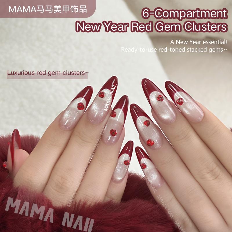 Spring Nails 2026 | 6-Compartment Red Gem Clusters, Highly Saturated True Red Stacked Nail Rhinestones for DIY Manicure & Nail Art