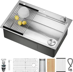 CAMMOO 33X22 Drop In Kitchen Sink with Pop-Up Drain, 304 Stainless Steel Workstation Sink, Upgraded Fast Drain, Topmount Single Bowl with Accessories, Foldable Grid for Easy Cleaning
