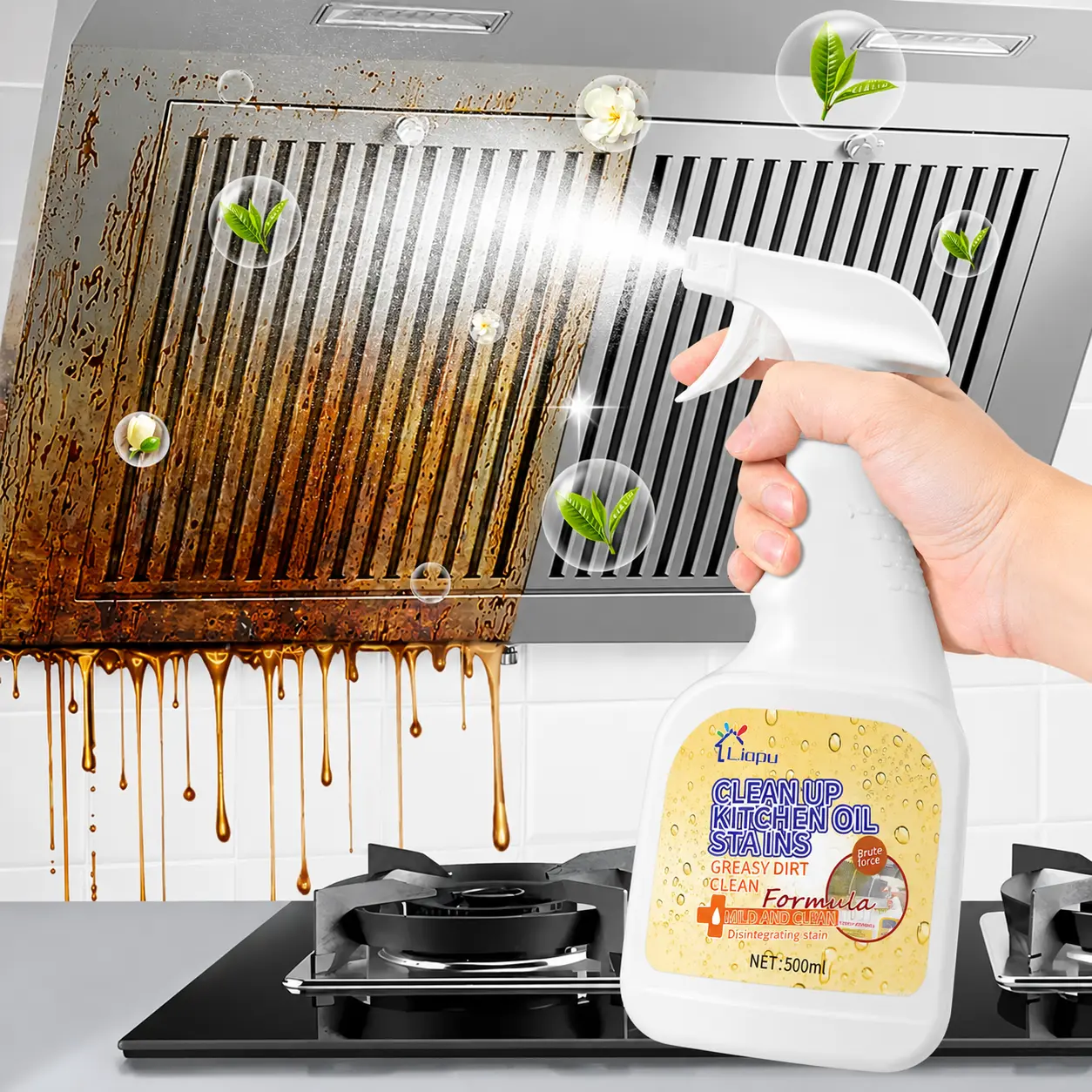 Liapu Kitchen Degreaser, 500ml Lemon-Scented Grease Cleaner Spray, Powerful Fast-Acting Formula for Stovetops, Ovens, Sinks, Countertops & Kitchen Surfaces sohochic
