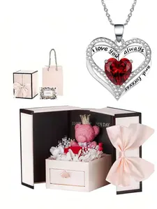 Elegant Rose Bear Gift Box with Heart Pendant Necklace, Mother's Day, Christmas, Valentine's Day Gift, Women's Jewelry