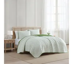Martha Stewart Ticking Stripe White/Green QueenQuilt Set