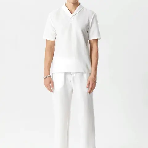 KZZ Men's 2-Piece Casual Textured Set - Plain Texture Shawl Collar Drop Shoulder Shirt, Drawstring Waist Pants, Stylish Comfortable Fit All Seasons Menswear, Christmas Gift for Him