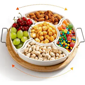 Ceramic Divided Serving Dishes with Bamboo Tray, 360° Rotatable Serving Bowls with Handles for Party, 5 Removable Relish Tray, 11.2 Inch Appetizer Dish for Chips Dip, Veggies, Candy & Snacks