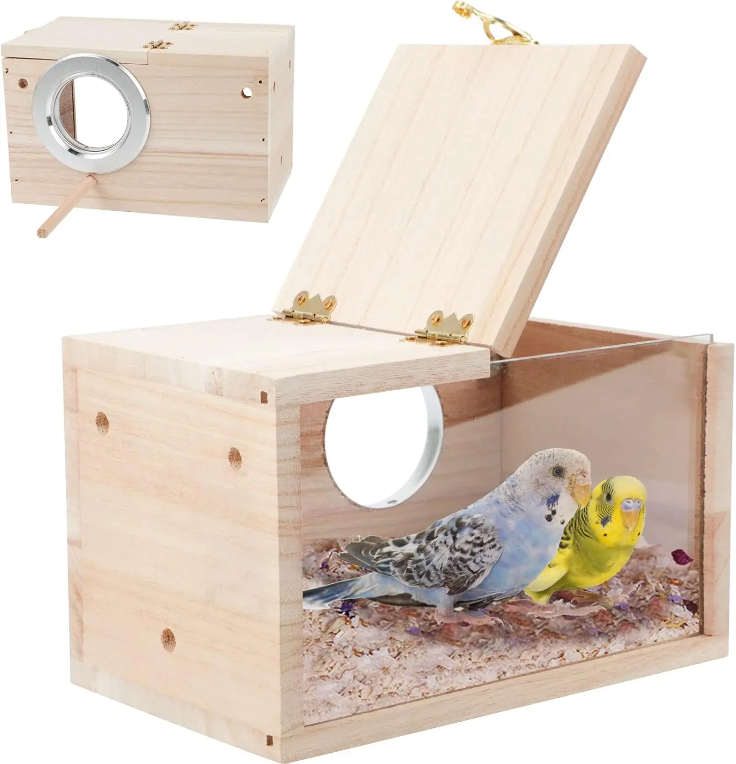 Natural Wood Bird Breeding Box - High Quality Material Bird Cage Accessory with Transparent Acrylic Side, Innovative Design, Bolts, Washers, Easy to Install & Clean, Observes Newborn Parakeets, All-Seasons Aid to Encourage Natural Behavior