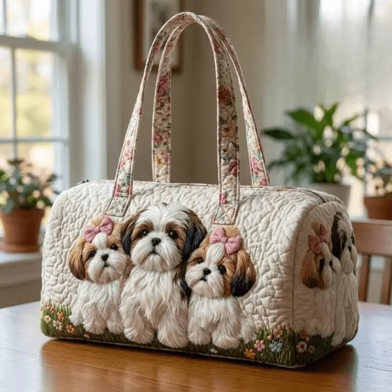 Cute Shih Tzu Puppy Floral Cottagecore Quilted Duffel Tote Bag for Women, Large Capacity Machine Washable Shoulder Bag, Adorable Bow Puppy Print Easy to Carry Reusable Handbag, Perfect for Dog Lovers, Shih Tzu Owners, Pet Fans, Shopping, Travel, Week