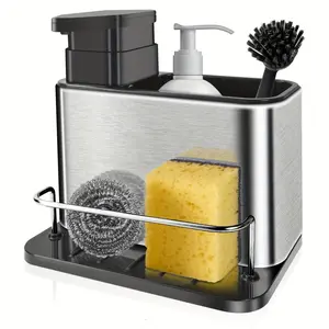 Dishwashing soap dispenser with sponge rack, stainless steel material durable and resistant, the surface is clean as soon as wiped, does not hide oil and scale, with sponge rack can allow sponge, brush drain, no mildew and no odor