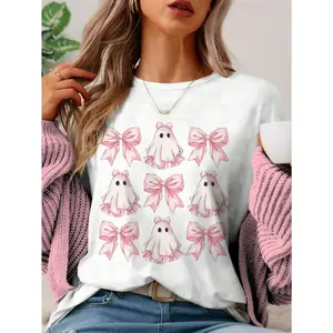 Halloween Cute Ghost & Plaid Bow Print Casual Round Neck Short Sleeve T-Shirt For Women, Summer
