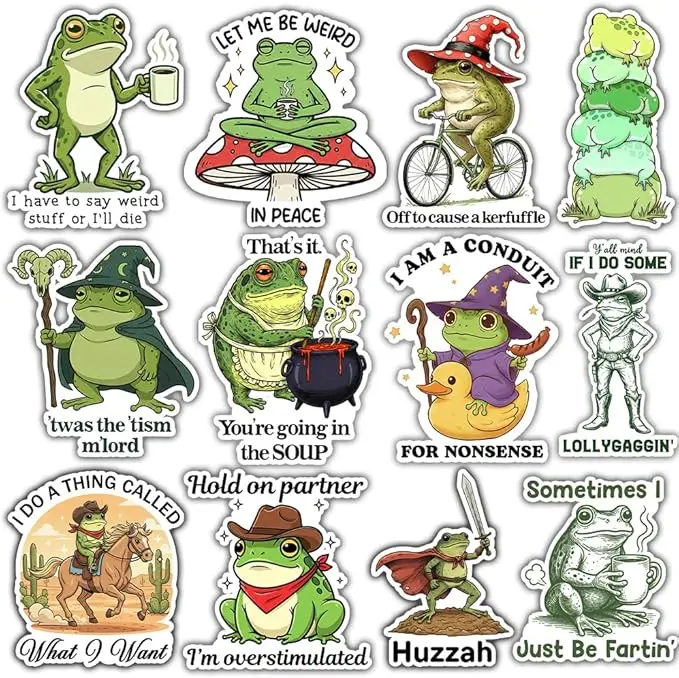 12pcs-Funny Frog Stickers Packs Wizard Frog Meme I Have To Say Weird Stuff Or I Die, You're Going The Soup, Office Humor Decor Sarcastic Humorous Vinyl Decal Decor Car Water Bottle Laptop