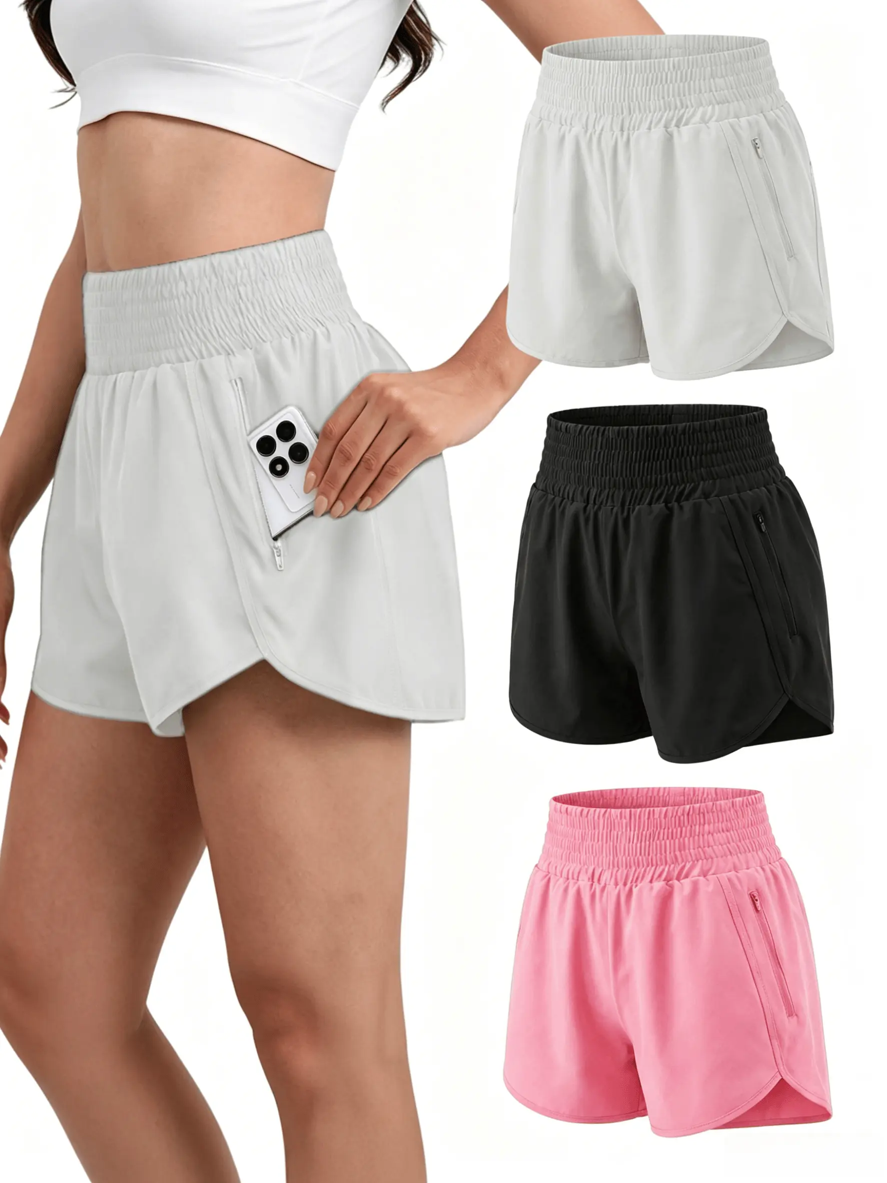 Quick Dry Athletic Wide Leg Shorts For Women – High Waisted Ruffle Detail & Secure Zipper Pocket | Perfect For Summer Outfits For Women, Vacation Outfits Women, Spring Outfits For Women | Loose Yoga Shorts In Pink, Light Gray, Black