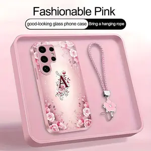 Suitable for [Galaxy S24 Ultra] high-end women's phone case🤩，a beautiful four-leaf clover lanyard is included🍀，a free four-leaf clover lanyard is included, with 26 letters of the alphabet to choose from and  exquisite Rose flower patterns 952