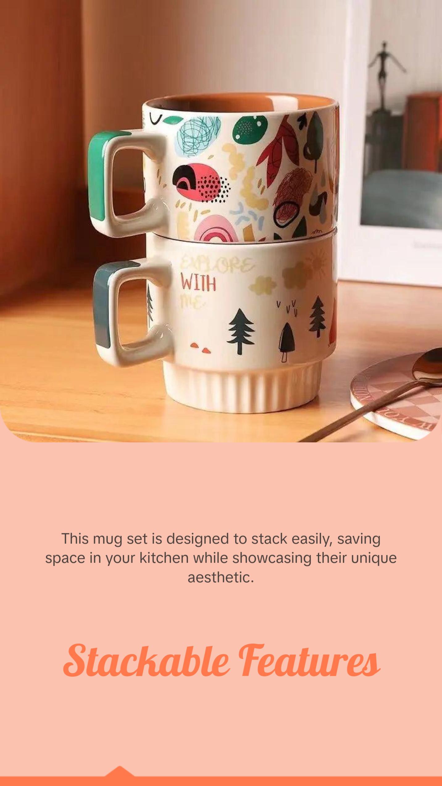 Boho Ceramic Mug Set – Vintage Aesthetic Coffee & Tea Cups (Stackable, Hand-Painted, 330ml