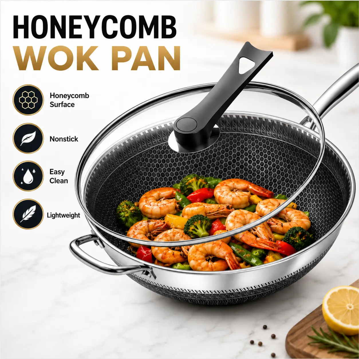 12.60" Stainless Steel Nonstick Wok with Lid, Honeycomb Texture Design, Household Stir-Fry Pan, Compatible with Induction Cookers, Ceramic Cooktops, and Various Kitchen Stoves Cookware summerwins summerwins