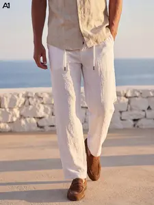 A1 Mens Lightweight Crinkle Pants Summer Beach Adjustable Waist Trousers Drawstring Elastic Waist Casual Vacation Holiday Lounge Pants Breathable Textured Boho Comfy Trousers for Men