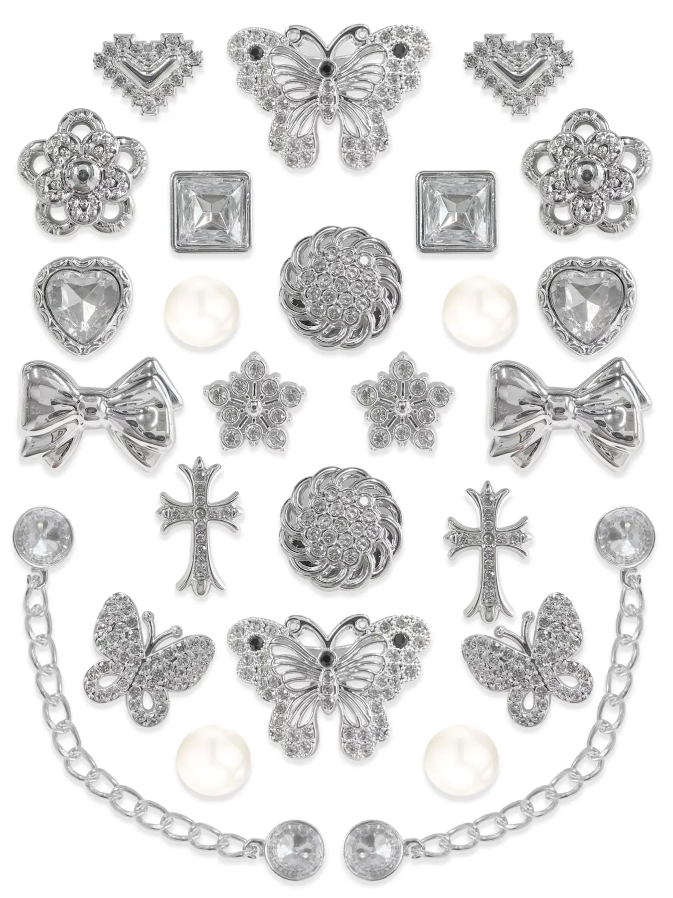 26pcs Silver Color Rhinestone Resin Shoe Buckles, Butterfly Heart Chain DIY Shoe Accessories, Shoe Decoration Charms Set, Cute Shoe Decorations, Hole-In-Shoe Decorative Parts