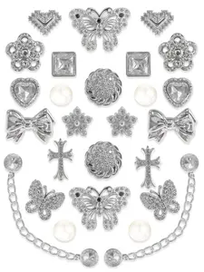 26 Pcs Silver Color Rhinestone Resin Shoe Buckles, Butterfly Heart Pearl DIY Shoe Accessories, Hole-In-Heel Decorative Clips, Bling Shoe Charms, Shoe Embellishment Set