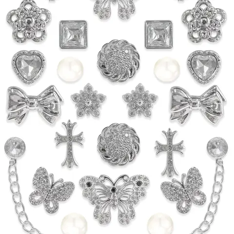 26 Pcs Silver Color Rhinestone Resin Shoe Buckles, Butterfly Heart Pearl DIY Shoe Accessories, Shoe Decoration, Hole-In-Heel Decorative Clips, Bling Shoe Charms, Sparkling Shoe Charms, Shoe Embellishment Set