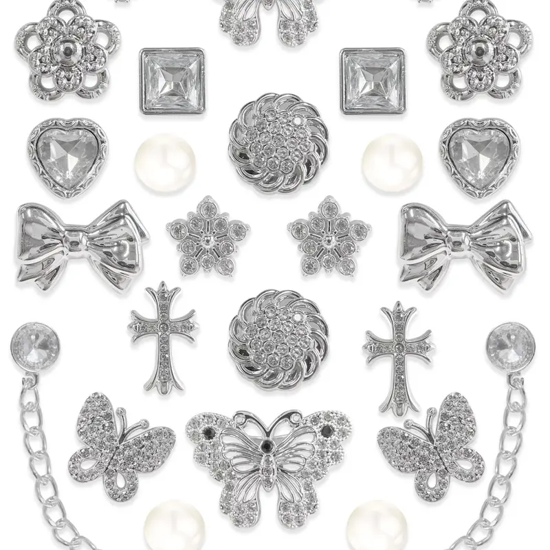 26 Pcs Silver Color Rhinestone Resin Shoe Buckles, Butterfly Heart Pearl DIY Shoe Accessories, Shoe Decoration, Hole-In-Heel Decorative Clips, Bling Shoe Charms, Sparkling Shoe Charms, Shoe Embellishment Set