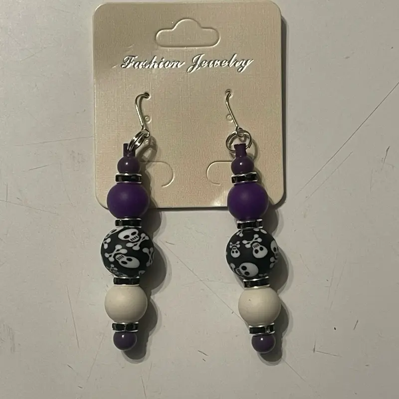Purple, Black, and White Skull Silicone Bead Earrings - Fun & Funky Jewelry