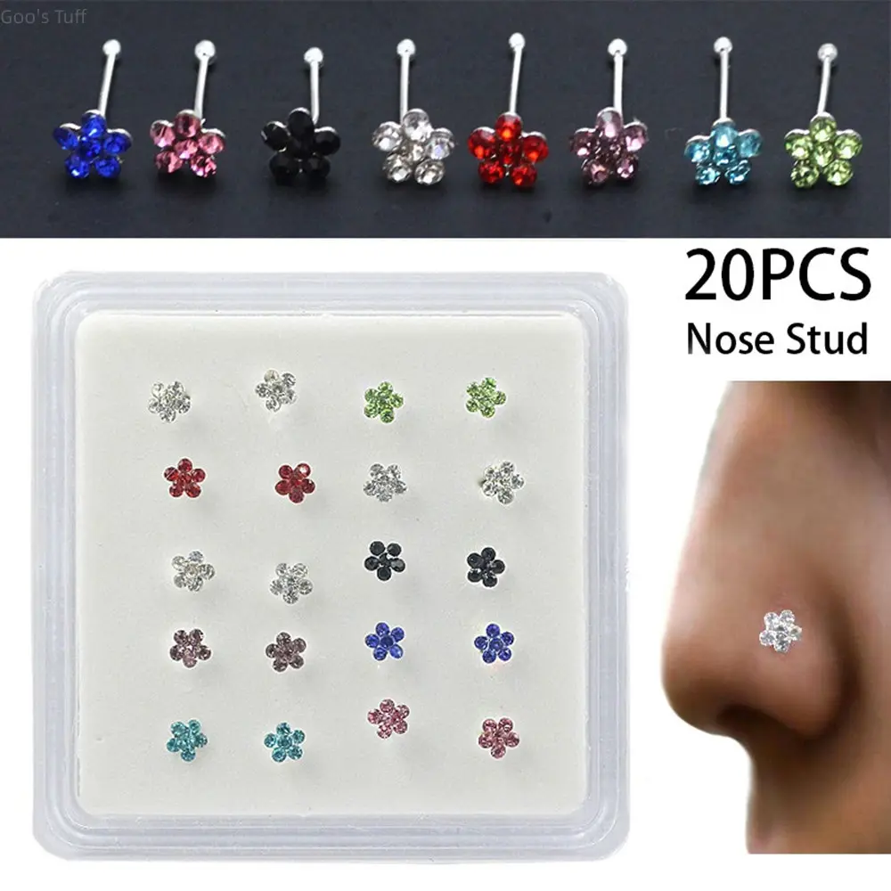 Unisex 20pcs Set Colorful Rhinestone Flower Nose Studs, Soft Ball Pin Nostril Rings, Mixed Floral Crystal Body Jewelry Set for Casual, Punk Outfits, Flowers, Party Wear, Daily Use