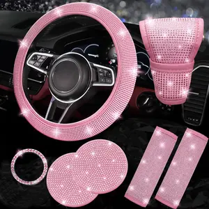 7pcs Bling Car Accessories Set for Women and Men, Steering Wheel Cover, Sparkly Seat Belt Covers, Bling Gear Shift Cover, Cup Holder Coasters, Diamond Start Button Rings, All-Season Car Interior Decoration Fit Most Vehicle