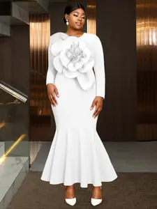 Plus Size Party Dress, Round Neck Long Sleeve, 3D Flower Bodycon Mermaid Gown, Evening Formal Prom Dress, Women's Fashion