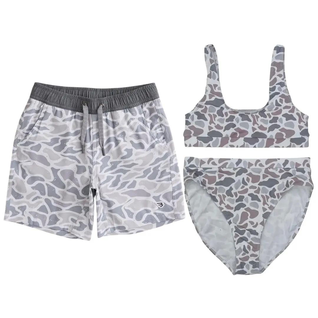 Grey Camo Swimwear Set for Couples -Swim Bra & Tie Side Bikini + Men's Beach Shorts, Summer Vacation Swimsuit, Hawaiian Shirt Style, Aloha Beach Outfit, Casual Holiday Bathing Suits, Menswear & Womenswear