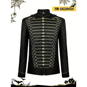 Men’s Retro Halloween Top — Retro stand-collar Halloween costume top for men — black with a golden zigzag design; long sleeves; suitable for formal wear and parties; role play and themed events; sophisticated style; nonstretch fabric