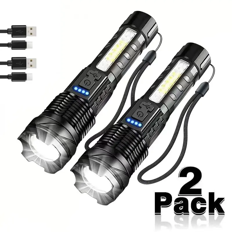 2-Pack Zoomable LED Tactical Lights, 7 Modes COB Side Light, IPX6 Waterproof, USB-C Fast Charging for Camping, Emergency Blackout super bright flashlight adjustable focus