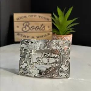 Silver Cut-Out Praying Cowboy Belt Buckle for Men - Western Filigree Cross & Horse Rodeo Hebilla Vaquera - Christian Faith Gift Fits 1.5" Belts
