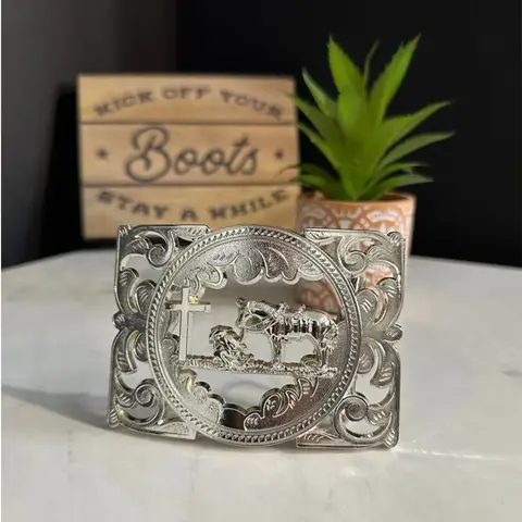 Silver Cut-Out Praying Cowboy Belt Buckle for Men & Women - Western Filigree Cross & Horse Rodeo Hebilla Vaquera - Christian Faith Gift, Fits 1.5" Belts, Western Accessories