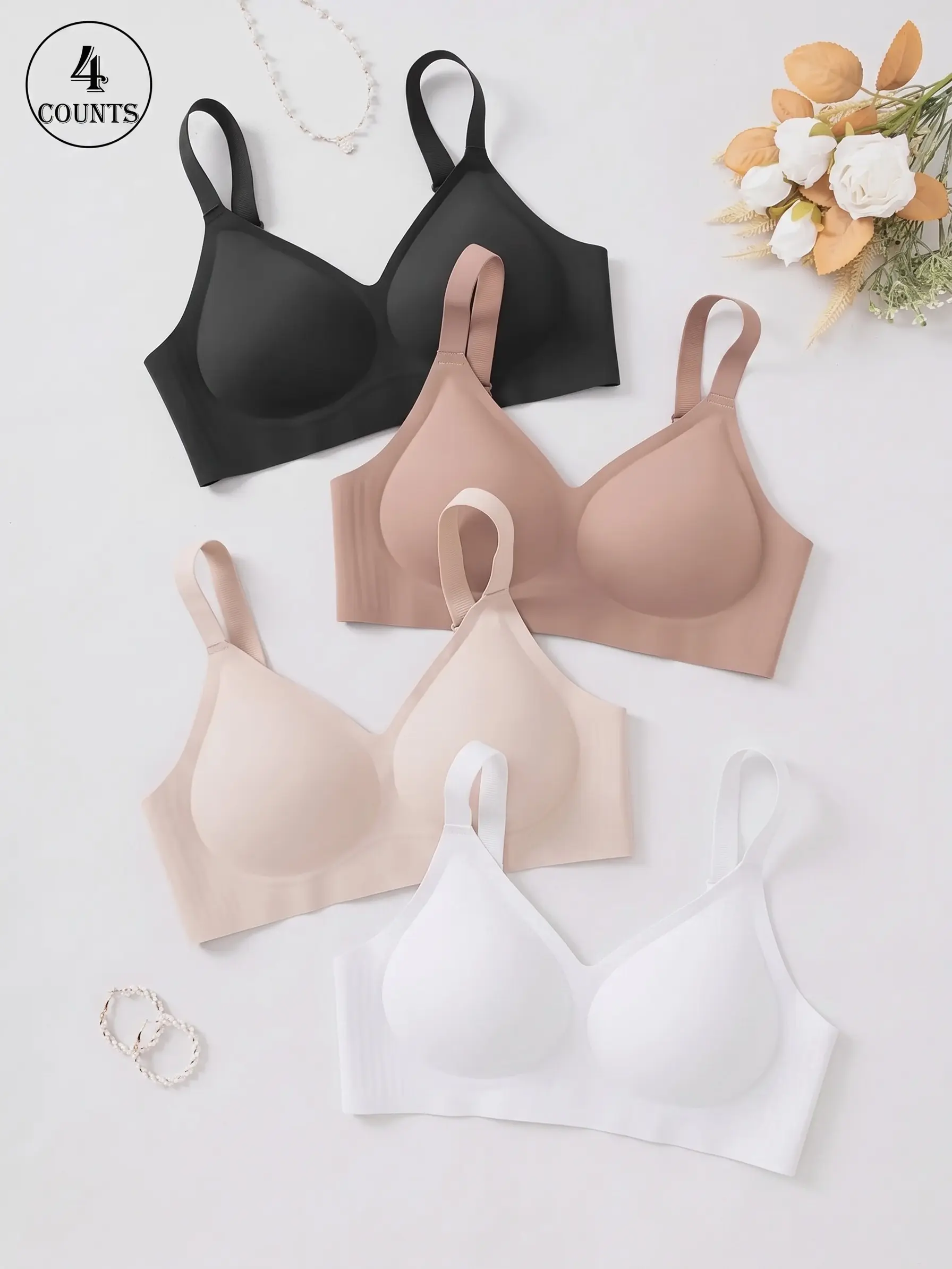 women's 4-piece solid color seamless jelly bras set, Wireless Seamless Soft Wirefree Bra, with hooks and adjustable shoulder straps, no underwire for Light Support and Smooth Back, Underwear