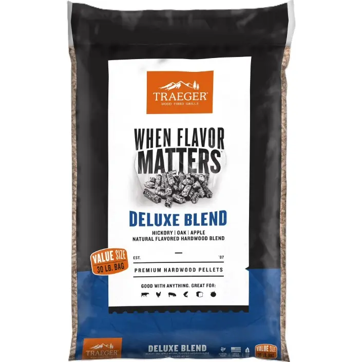 Traeger Pellet Grills Deluxe Blend Wood Pellets, 30 lbs. Hickory, Oak, Apple Flavored Hardwood Blend.