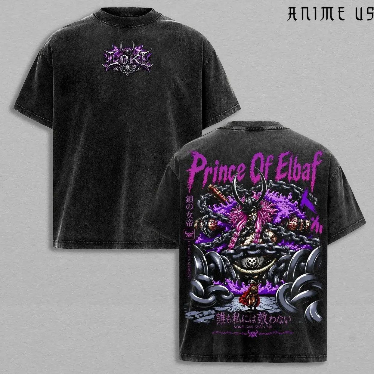Loki Prince of Elbaf Vintage Washed Anime T-Shirt, Giant Warrior One Piece Graphic Tee with “None Can Chain Me” Quote, Purple Aura Norse Style Streetwear, Heavyweight Oversized Unisex Manga Shirt Gift for Anime Fans 9YL