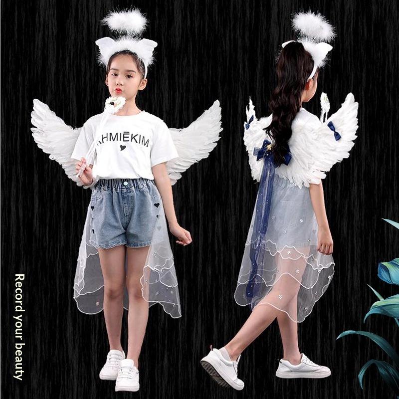 Angel Feather Wings Props for Christmas & Halloween Performance Costume Stage Princess Back Decoration White & Blue Bow